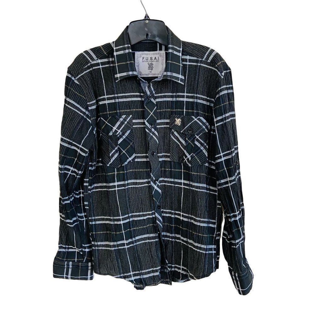 - FUSAI Vintage Mens Short Sleeve Button-up Crinkly Fabric Shirt Size Med …